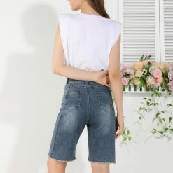 Allegra K Women's Stretchy Bermuda Short Jeans Washed Denim Pants 14 Allegra K Women's Stretchy Bermuda Short Jeans Washed Denim Pants