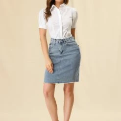 Allegra K Women's Basic Distressed High Waist Ripped Hem Washed Jeans Denim Skirt 11 Allegra K Women's Basic Distressed High Waist Ripped Hem Washed Jeans Denim Skirt