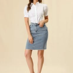 Allegra K Women's Basic Distressed High Waist Ripped Hem Washed Jeans Denim Skirt 12 Allegra K Women's Basic Distressed High Waist Ripped Hem Washed Jeans Denim Skirt