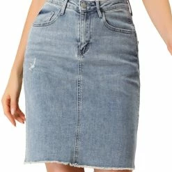 Allegra K Women's Basic Distressed High Waist Ripped Hem Washed Jeans Denim Skirt