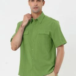 Allegra K Men's Summer Short Sleeves Button Down Solid Shirt With Pockets
