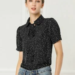 Allegra K Women's Polka Dots Short Sleeve Bow Tie Peter Pan Collar Chiffon Blouse