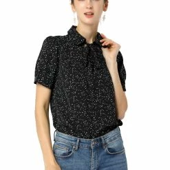 Allegra K Women's Polka Dots Short Sleeve Bow Tie Peter Pan Collar Chiffon Blouse