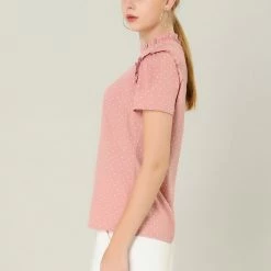 Allegra K Women's Ruffle Polkd Dots Stand Collar Short Sleeve Blouse Tops
