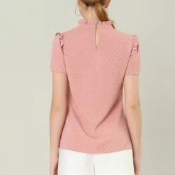 Allegra K Women's Ruffle Polkd Dots Stand Collar Short Sleeve Blouse Tops