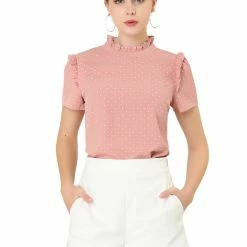 Allegra K Women's Ruffle Polkd Dots Stand Collar Short Sleeve Blouse Tops