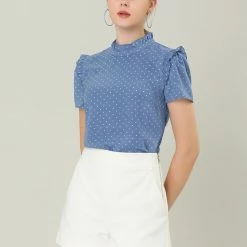 Allegra K Women's Ruffle Polkd Dots Stand Collar Short Sleeve Blouse Tops