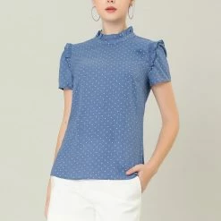 Allegra K Women's Ruffle Polkd Dots Stand Collar Short Sleeve Blouse Tops