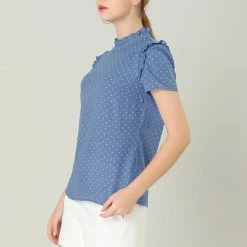 Allegra K Women's Ruffle Polkd Dots Stand Collar Short Sleeve Blouse Tops