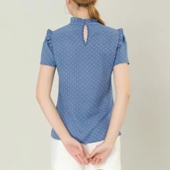 Allegra K Women's Ruffle Polkd Dots Stand Collar Short Sleeve Blouse Tops