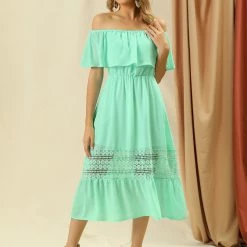 Allegra K Women's Off Shoulder Ruffle Lace Splicing Flutter Sleeve Maxi Dress