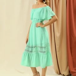 Allegra K Women's Off Shoulder Ruffle Lace Splicing Flutter Sleeve Maxi Dress