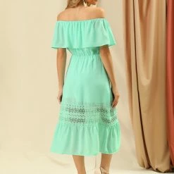 Allegra K Women's Off Shoulder Ruffle Lace Splicing Flutter Sleeve Maxi Dress