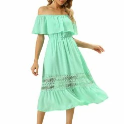 Allegra K Women's Off Shoulder Ruffle Lace Splicing Flutter Sleeve Maxi Dress