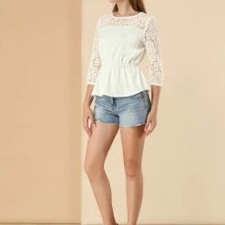 Allegra K Women's 3/4 Sleeve Tops Elastic Waist Semi Sheer Lace Blouses Shirts