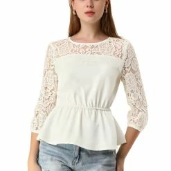 Allegra K Women's 3/4 Sleeve Tops Elastic Waist Semi Sheer Lace Blouses Shirts