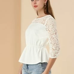 Allegra K Women's 3/4 Sleeve Tops Elastic Waist Semi Sheer Lace Blouses Shirts