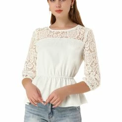 Allegra K Women's 3/4 Sleeve Tops Elastic Waist Semi Sheer Lace Blouses Shirts