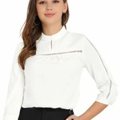 Allegra K Women's Choker Neck Keyhole Lace Inset 3/4 Sleeve Office Shirt Blouse