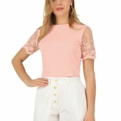 Allegra K Women's Embroidered Sheer Short Sleeve Round Neck Solid Top Blouse