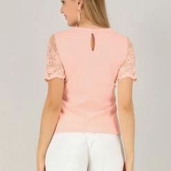 Allegra K Women's Embroidered Sheer Short Sleeve Round Neck Solid Top Blouse