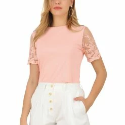 Allegra K Women's Embroidered Sheer Short Sleeve Round Neck Solid Top Blouse