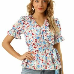 Allegra K Women's Sweet Fruit Crossover V Neck Ruffle Wrap Blouse Top