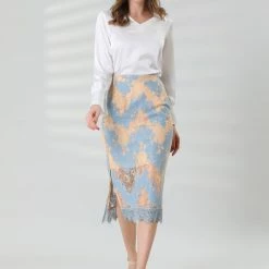 Allegra K Women's Crochet Lace Scalloped Hem Side Split Elegant Pencil Midi Skirt