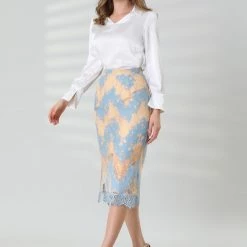 Allegra K Women's Crochet Lace Scalloped Hem Side Split Elegant Pencil Midi Skirt