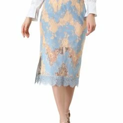 Allegra K Women's Crochet Lace Scalloped Hem Side Split Elegant Pencil Midi Skirt