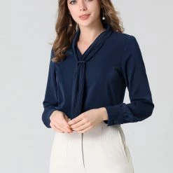 Allegra K Women's Elegant Work Office Blouse Long Sleeve Pleated Tie Neck Top Shirt 42 Allegra K Women's Elegant Work Office Blouse Long Sleeve Pleated Tie Neck Top Shirt