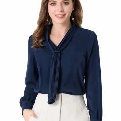 Allegra K Women's Elegant Work Office Blouse Long Sleeve Pleated Tie Neck Top Shirt