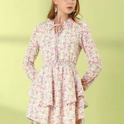 Allegra K Floral Printed Ruffled Tie V Neck Smocked Waist Dress 96 Allegra K Floral Printed Ruffled Tie V Neck Smocked Waist Dress