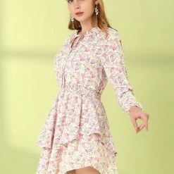 Allegra K Floral Printed Ruffled Tie V Neck Smocked Waist Dress 97 Allegra K Floral Printed Ruffled Tie V Neck Smocked Waist Dress