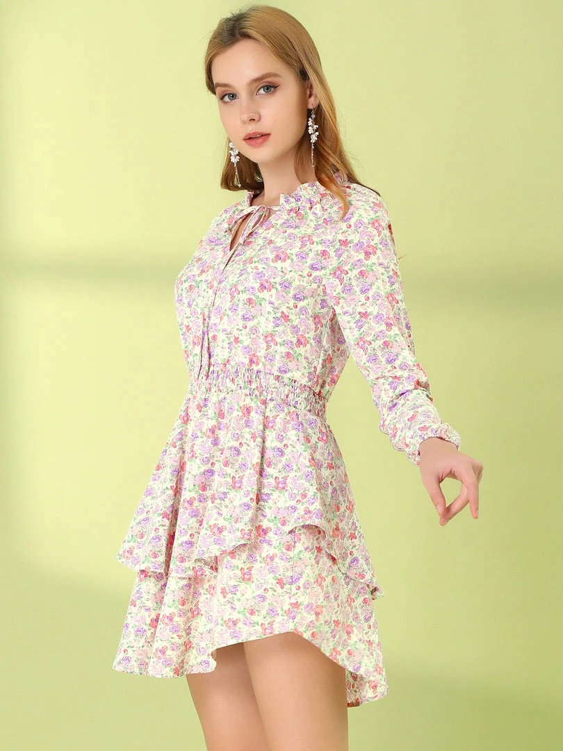 Allegra K Floral Printed Ruffled Tie V Neck Smocked Waist Dress 13 Allegra K Floral Printed Ruffled Tie V Neck Smocked Waist Dress
