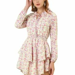 Allegra K Floral Printed Ruffled Tie V Neck Smocked Waist Dress 94 Allegra K Floral Printed Ruffled Tie V Neck Smocked Waist Dress