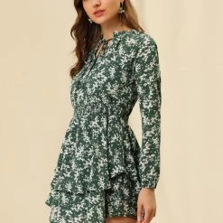 Allegra K Floral Printed Ruffled Tie V Neck Smocked Waist Dress 91 Allegra K Floral Printed Ruffled Tie V Neck Smocked Waist Dress