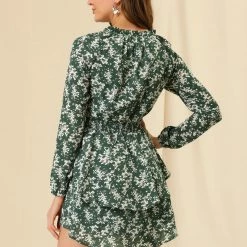 Allegra K Floral Printed Ruffled Tie V Neck Smocked Waist Dress 92 Allegra K Floral Printed Ruffled Tie V Neck Smocked Waist Dress