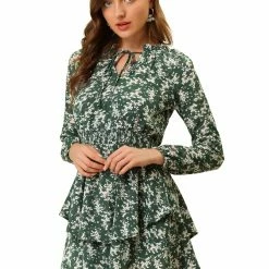 Allegra K Floral Printed Ruffled Tie V Neck Smocked Waist Dress