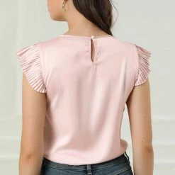 Allegra K Women's Cut Out Keyhole Back Straight Solid Pleated Cap Sleeve Blouse