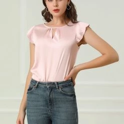 Allegra K Women's Cut Out Keyhole Back Straight Solid Pleated Cap Sleeve Blouse