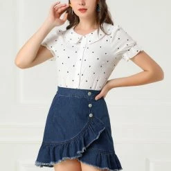 Allegra K Women's Ruffle High Low Hem Button Front Mini Jeans Denim Skirt