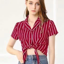 Allegra K Retro Striped Button Up Short Sleeve Tie Front Crop Shirt Women 53 Allegra K Retro Striped Button Up Short Sleeve Tie Front Crop Shirt Women