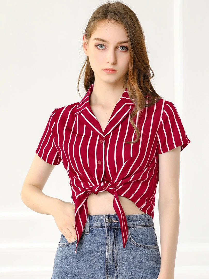 Allegra K Retro Striped Button Up Short Sleeve Tie Front Crop Shirt Women 11 Allegra K Retro Striped Button Up Short Sleeve Tie Front Crop Shirt Women