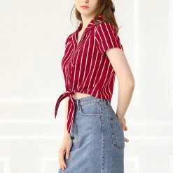 Allegra K Retro Striped Button Up Short Sleeve Tie Front Crop Shirt Women 54 Allegra K Retro Striped Button Up Short Sleeve Tie Front Crop Shirt Women