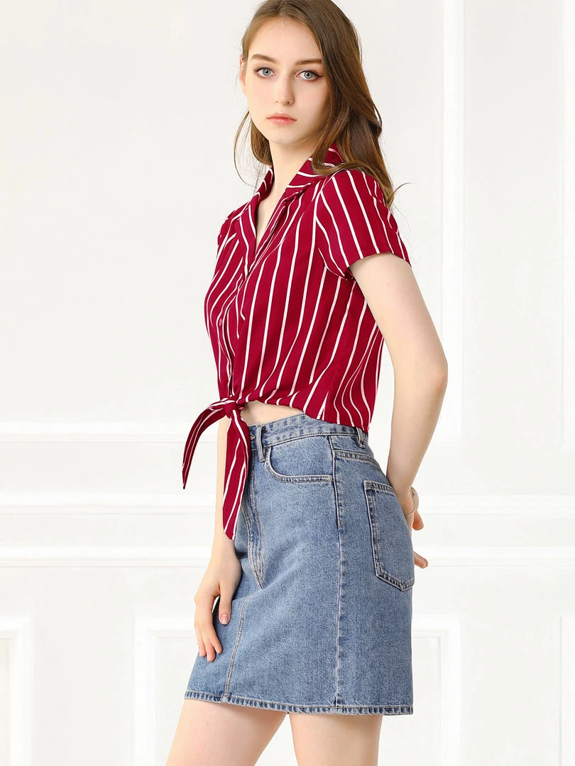 Allegra K Retro Striped Button Up Short Sleeve Tie Front Crop Shirt Women 12 Allegra K Retro Striped Button Up Short Sleeve Tie Front Crop Shirt Women