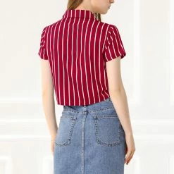 Allegra K Retro Striped Button Up Short Sleeve Tie Front Crop Shirt Women 55 Allegra K Retro Striped Button Up Short Sleeve Tie Front Crop Shirt Women