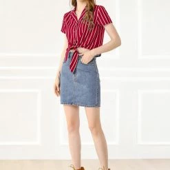 Allegra K Retro Striped Button Up Short Sleeve Tie Front Crop Shirt Women 56 Allegra K Retro Striped Button Up Short Sleeve Tie Front Crop Shirt Women