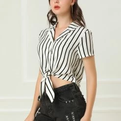 Allegra K Retro Striped Button Up Short Sleeve Tie Front Crop Shirt Women 47 Allegra K Retro Striped Button Up Short Sleeve Tie Front Crop Shirt Women