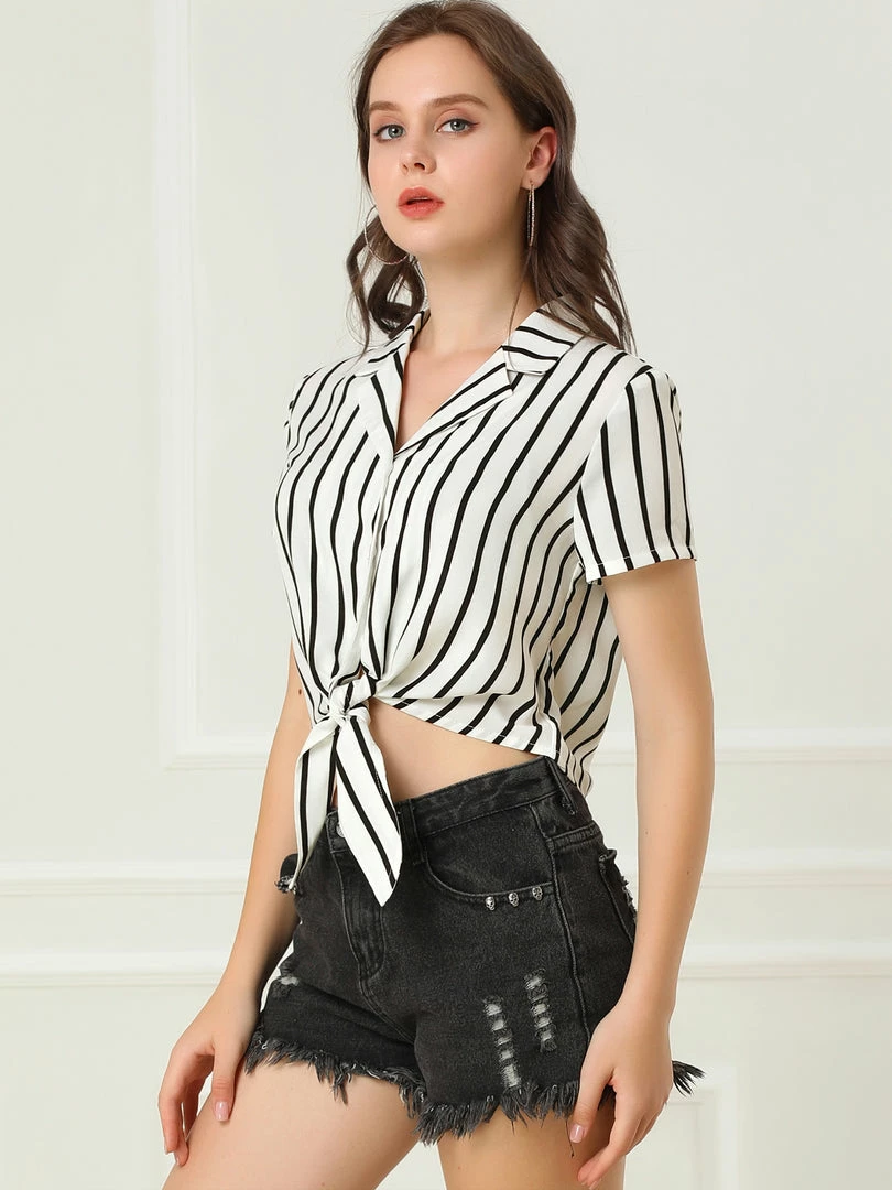 Allegra K Retro Striped Button Up Short Sleeve Tie Front Crop Shirt Women 5 Allegra K Retro Striped Button Up Short Sleeve Tie Front Crop Shirt Women